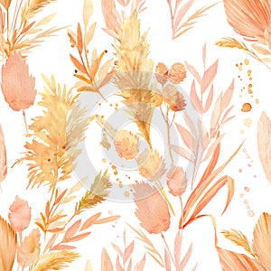 Dry flowers herbs, leaves watercolor, seamless patterns