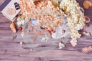 Dry flowers of hydrangea in wooden box