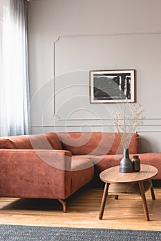 Dry flowers in stylish dark vase on coffee table in front of ginger colored corner sofa