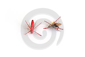 Dry fly fly fishing, closeup on white background