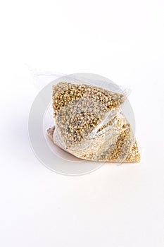 Dry food Daphnia for aquarium fish feed bag, package on White background