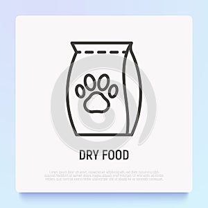 Dry food packet with paw thin line icon. Modern vector illustration for pet shop