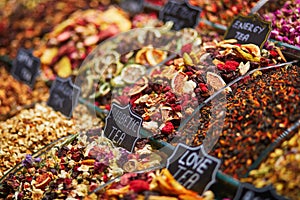 Dry fruits and herbal tea on Egyprian market in Eminonu district, European side of Istanbul, Turkey