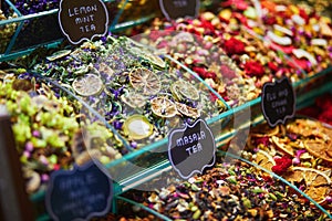 Dry fruits and herbal tea on Egyprian market in Eminonu district, European side of Istanbul, Turkey