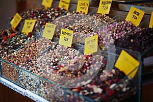 Dry fruits and herbal tea on Egyprian market in Eminonu district, European side of Istanbul, Turkey