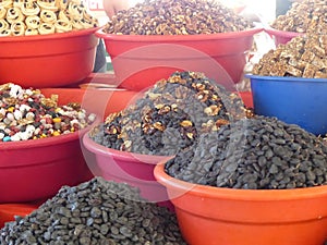 Dry fruits and sweets  exposed in a market of Uzbekistan.