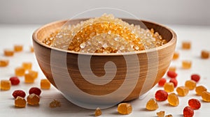 Dry gelatin granules in a wooden bowl on a white background.