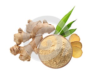 Dry ginger powder, fresh root and leaves isolated on white, top view