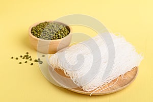 Dry glass noodles or cellophane noodles made from mung bean starch