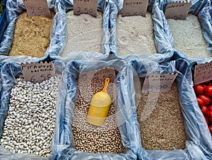 Dry Goods, Beans, Lentile, and Rice, at Greek Street Market, Greece