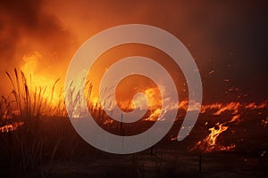 Dry grass is burning, fire in the field, forest, natural disaster, severe drought