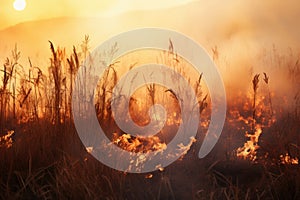 Dry grass is burning, fire in the field, forest, natural disaster, severe drought