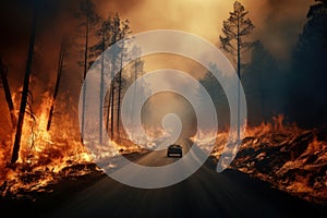 Dry grass is burning, fire in the forest, road with car, natural disaster, severe drought