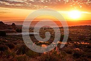 Dry grassy landscape of Arches national park in Devils garden area, Utah