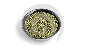 Dry green beans in a wooden bowl isolated on a white background.