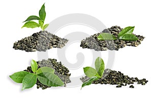 Dry green tea and fresh leaves on white background, collage