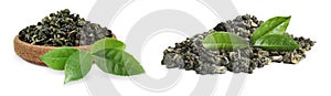 Dry green tea and fresh leaves on white background, collage. Banner design