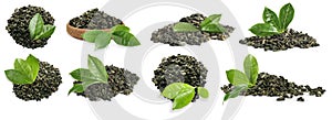 Dry green tea and fresh leaves on white background, collage. Banner design