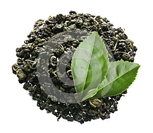 Dry green tea and fresh leaves on white background, top view