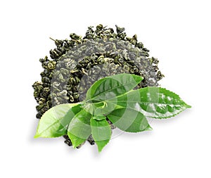 Dry green tea and fresh leaves on white background, top view