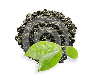 Dry green tea and fresh leaves on white background, top view