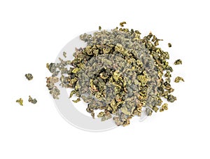 Dry Green Tea Leaves on White Background