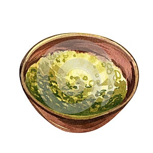 Dry green tea matcha in bowl isolated on white background. Watercolor hand draw sketch illustration. Art for herb design