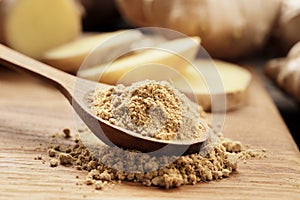 Dry and ground ginger on a wooden background. Dry ginger in a bowl. Ginger in a spoon.