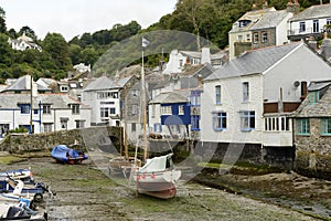 Dry harbour with boats aground, Polperro