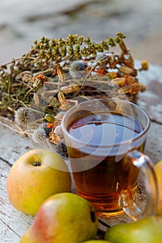 Dry healing herbs bouquet, cup of herbal tea and some fresh fruits, apples and pears