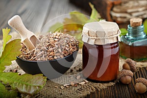 Dry healthy oak bark in black bowl, jar of salve or balm, infusion bottle, green oak leaves and acorns, old book.