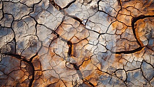 Dry heat, mud patterns, eroded land, damaged climate, burnt tree generated by AI