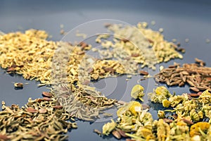 Dry herbal tea. Chamomile, Thyme, Licorice, Flax, Rosemary. Selective focus.