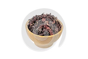 Dry hibiscus tea in wooden bowl isolated on white background. herb. herbal tea. food ingredient