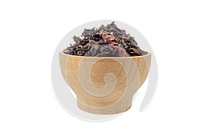 Dry hibiscus tea in wooden bowl isolated on white background. herb. herbal tea. food ingredient