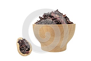 Dry hibiscus tea in wooden bowl and scoop isolated on white background. herb. herbal tea. food ingredient