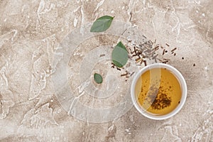 Dry hojicha green tea leafes