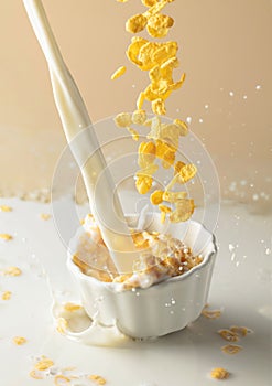 Dry honey cornflakes with milk splashes in a ceramic plate