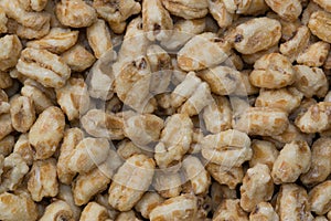 Dry honey puffed wheat cereal pieces scattered loosely directly above image.