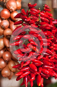 Dry hot chillis for sale at Funchal market hall, Madeira Island, Portugal.