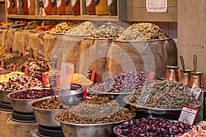 Dry ingredients for many kinds of  herbal tea infusions at Mahane Yehuda market in Jerusalem