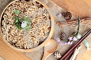 Dry Instant noodles cooked with vegetables.