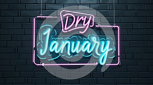 Dry January hanging Neon sign on a dark brick wall