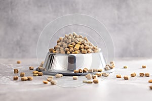 Dry kibble pet food. Dog or cat food in bowl on gray table