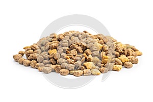 Dry kibble pet food. Dog or cat food isolated on white background