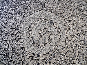 Dry lake bed with natural texture of cracked clay in perspective