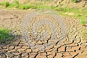 Dry lake or swamp in the process of drought and lack of rain or moisture, a global natural disaster. The cracked soil of the earth