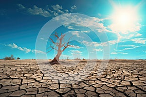 the dry land and a lone tree with clouds in the sky