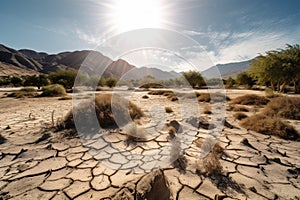 dry landscape, with the sun shining and heatwaves visible, showing the impact of climate change on drought conditions