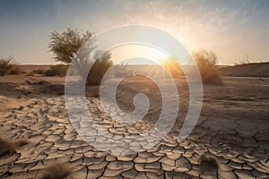 dry landscape, with the sun shining and heatwaves visible, showing the impact of climate change on drought conditions